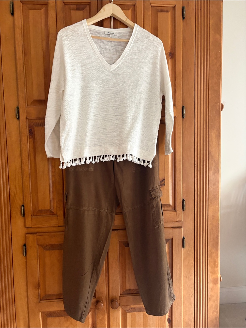 Madewell Cream V-Neck Fringe lightweight top
